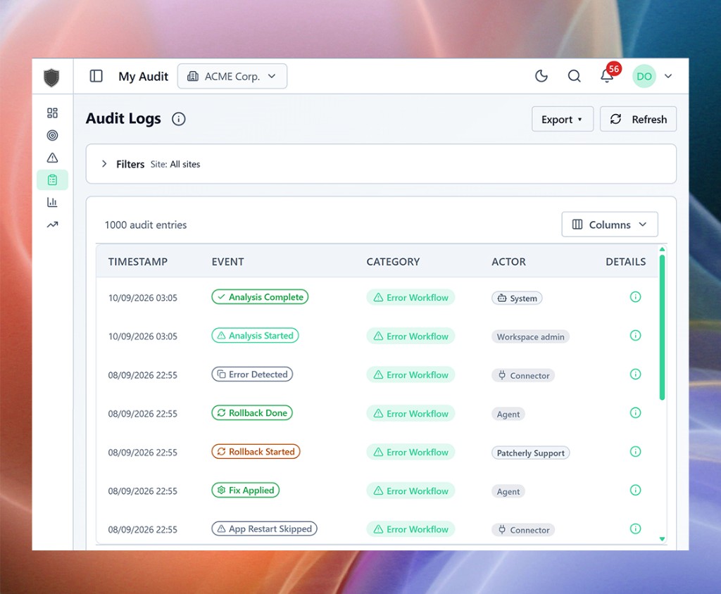 Audit Logs timeline of analysis, detect, apply, and rollback events