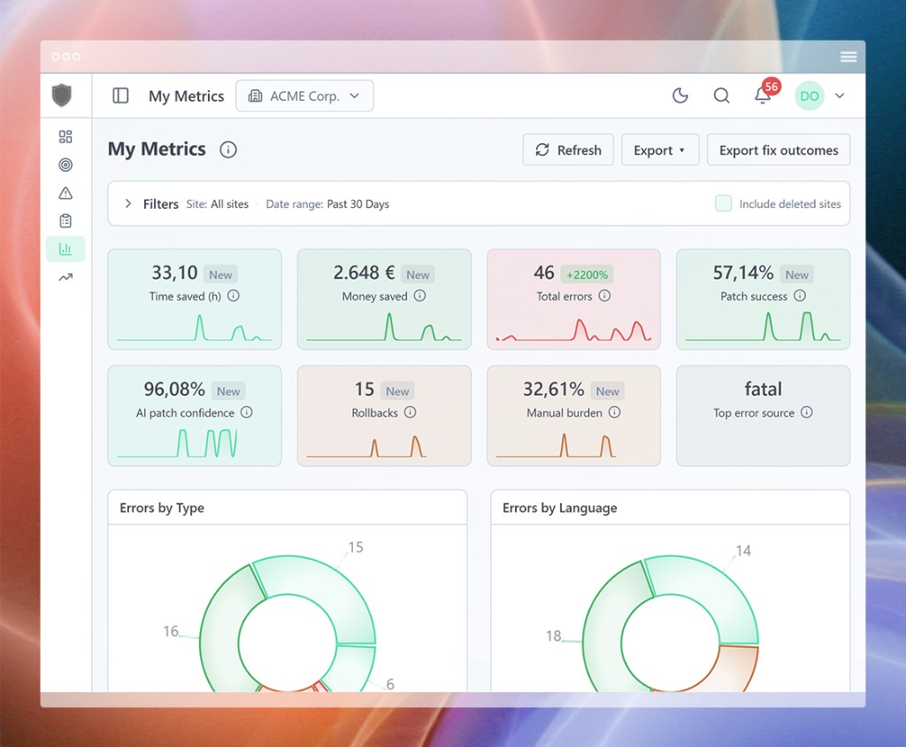 My Metrics cards for time saved, patch success, and error charts