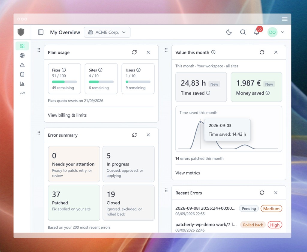 Patcherly dashboard overview with plan usage, value this month, and recent errors