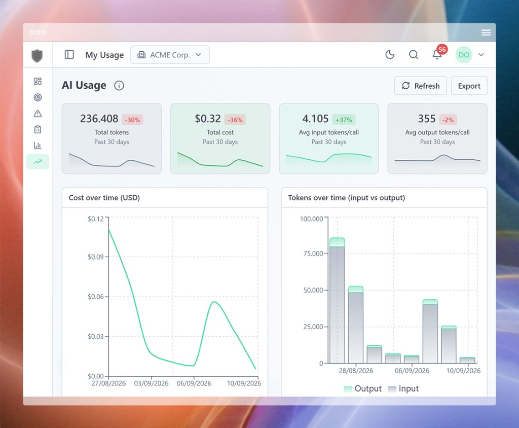 AI Usage tokens and cost over the past 30 days